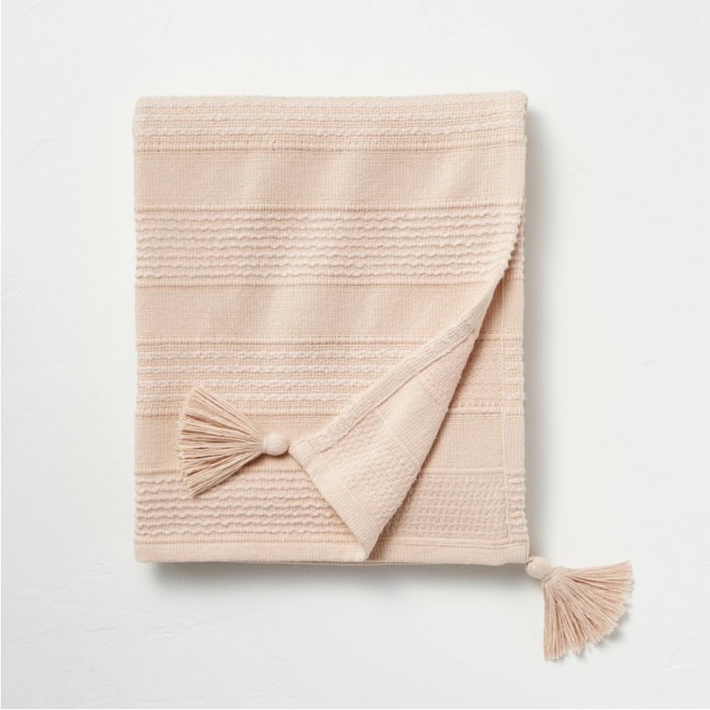 Hearth & Hand Textured Stripe Dobby Throw Blanket with Tassels (Blush)
